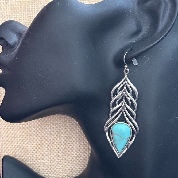 Long Silver Tone Earrings Faux Turquoise Teardrop Stone Cutout Design 1982 G - Picture 7 of 8